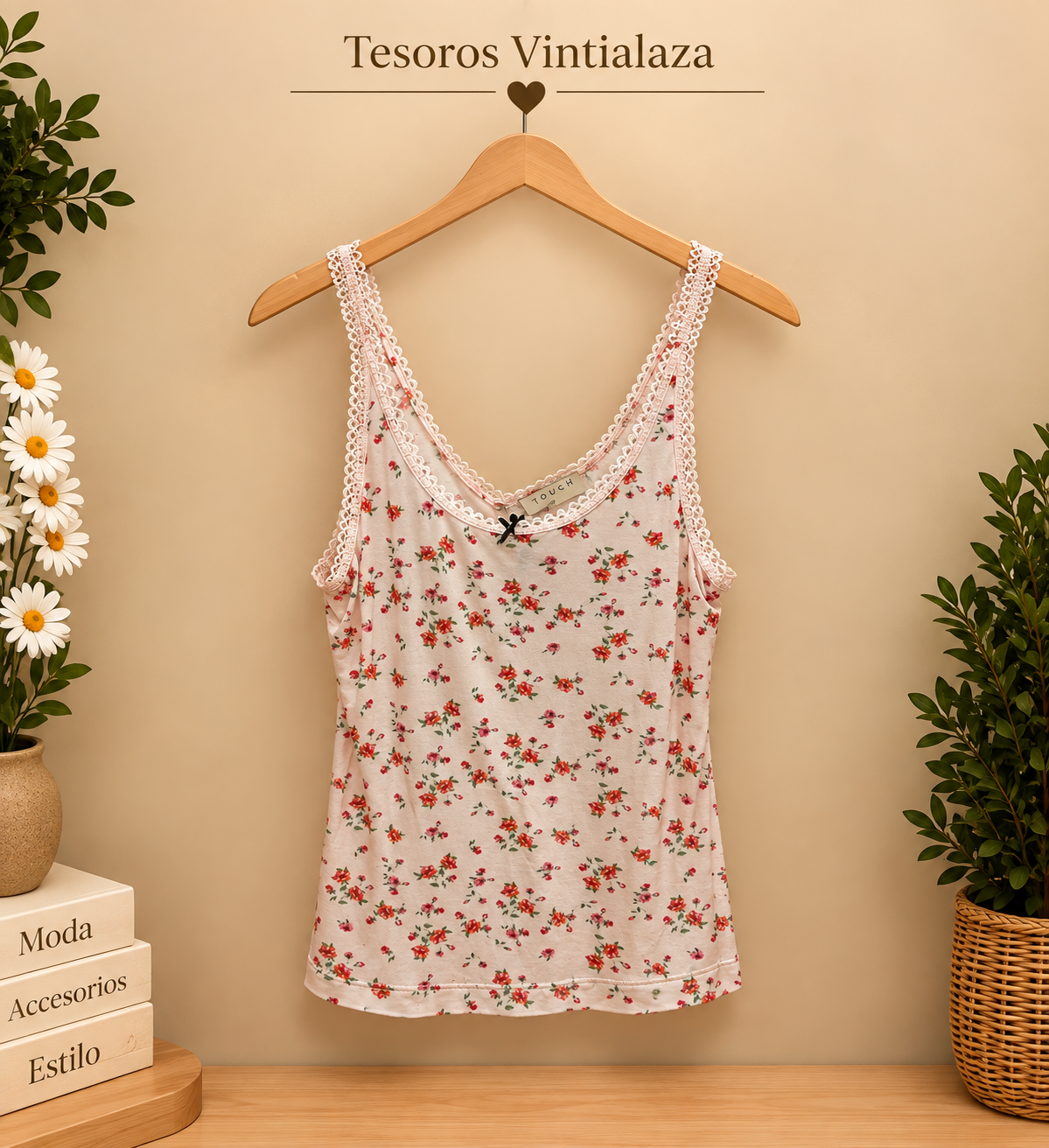 floral camisole tank top with white lace trim