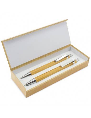 Portaminas y bolígrafos de bambú en estuche personalizable