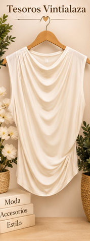 Sleeveless draped cowl-neck top
