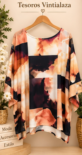 women's loose, short-sleeve top with a watercolor-style abstract print