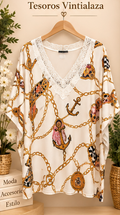 Una blusa de manga corta para mujer con escote de encaje en V