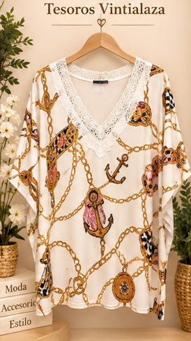 women's short-sleeve blouse with a lace V-neckline