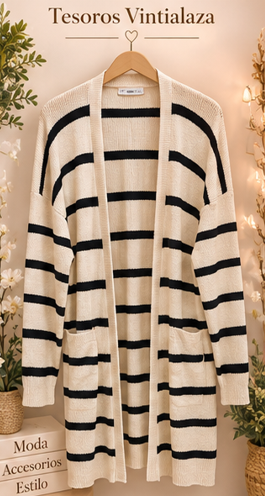 Cream-Black colored open-front knit cardigan