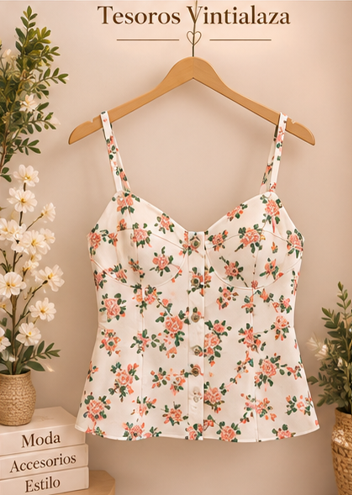 Floral camisole top with thin straps and a button-front corset-style bodice