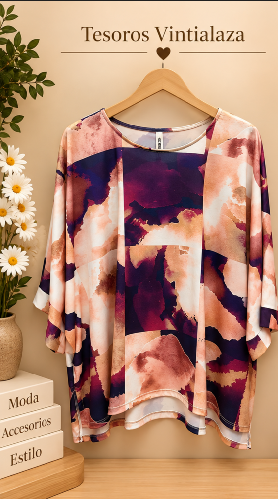 women's loose, short-sleeve top with a watercolor-style abstract print