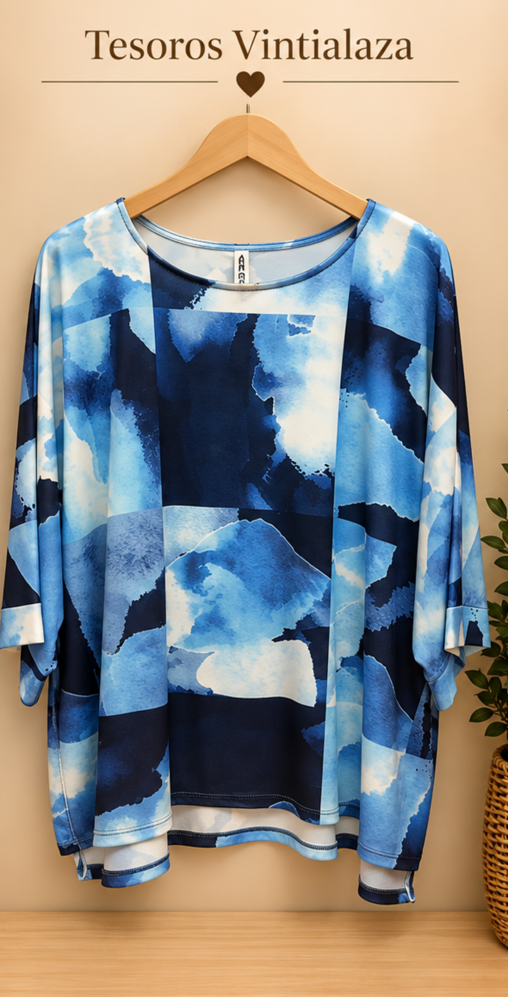 women's loose, short-sleeve top with a watercolor-style abstract print